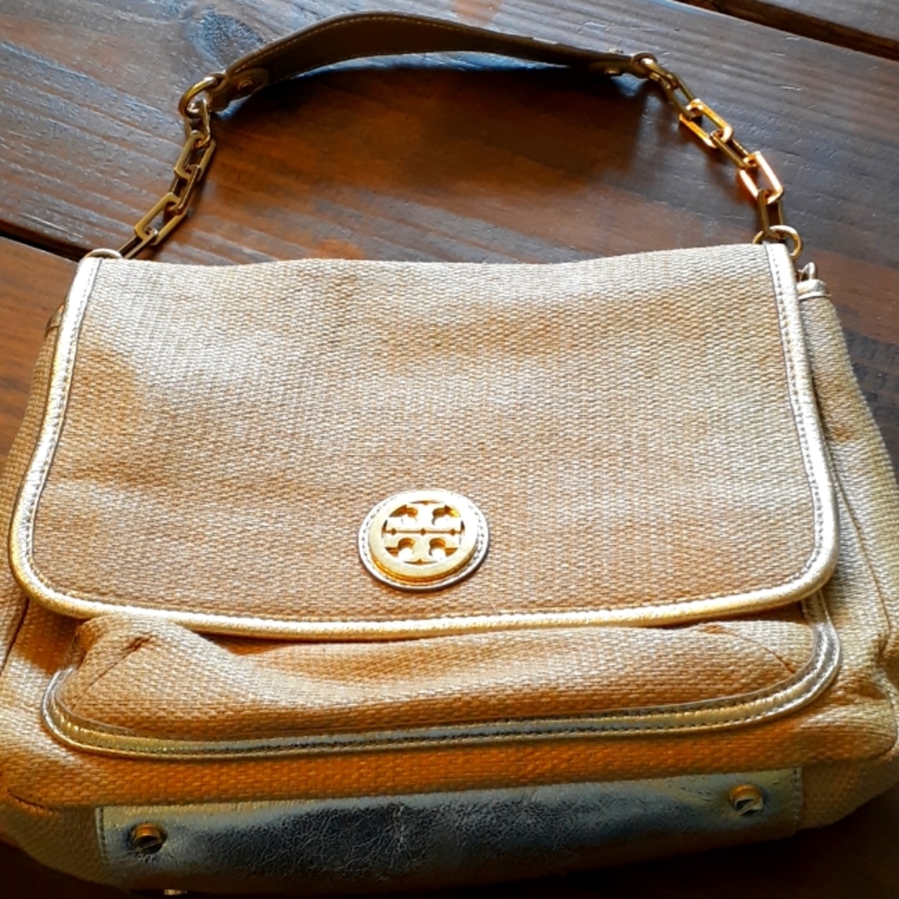 Tory Burch Shoulder Bag Straw & Gold Leather